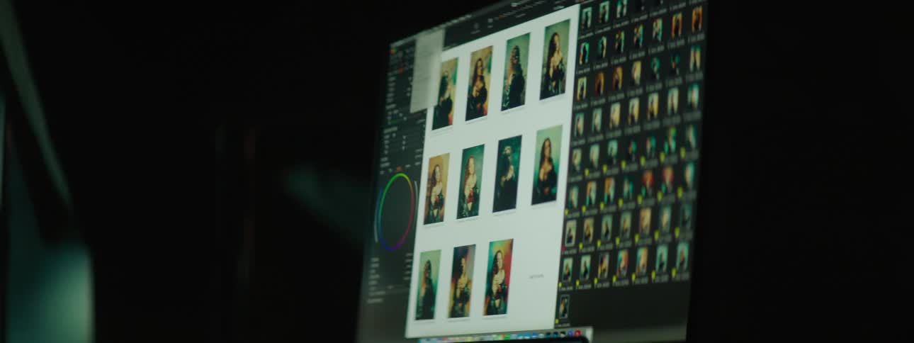 Photographer examines photographs on laptop reflecting images displayed on nearby large screen