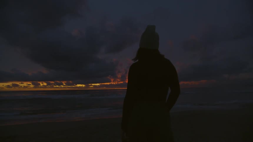 Silhouette of a woman looking a the sunset from the beach