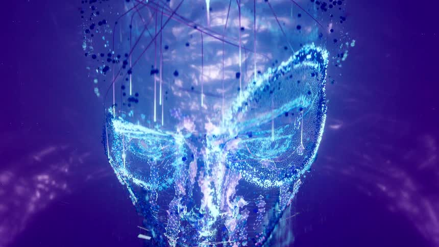 A digital holographic human head made of a network of blue and purple lines