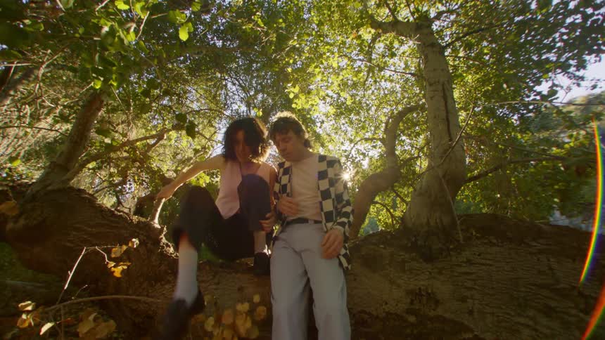 A man holds his girlfriends hand as she climbs on a tree trunk then sits beside her in the woods