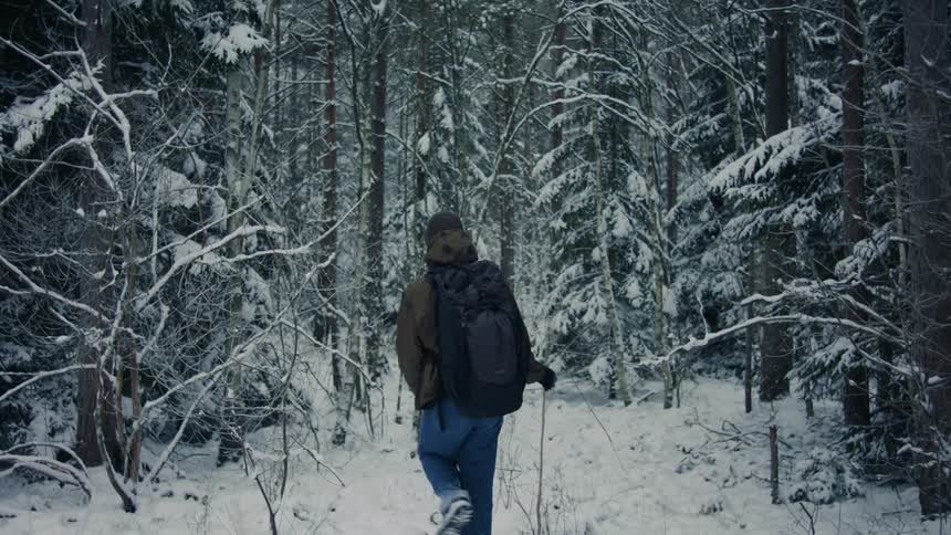 Man walking away through a snowcovered forest with his back turned