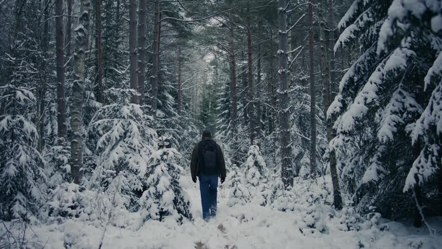 A person hikes through a snow covered forest on a winter day
