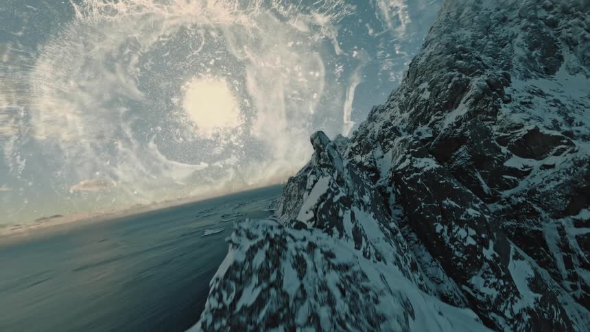 Aerial of a snowy mountain range with a white nebula glowing in the sky