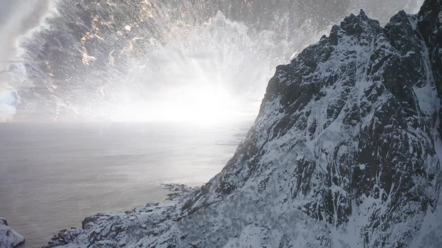 View of a mountain range covered in snow with a central abstractly shining river