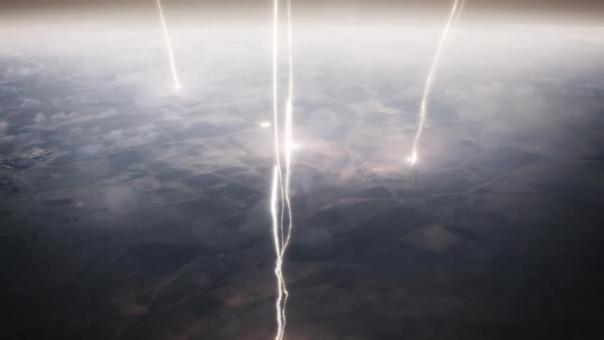 Aerial panorama of abstract lights in the form of rays ascending