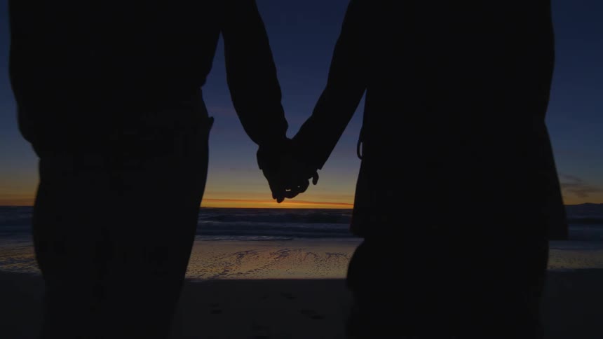A couple are holding hands on the beach at sunset