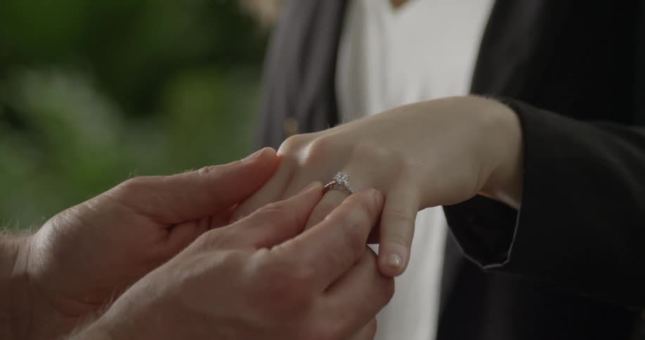 A man puts a wedding ring on a woman's finger