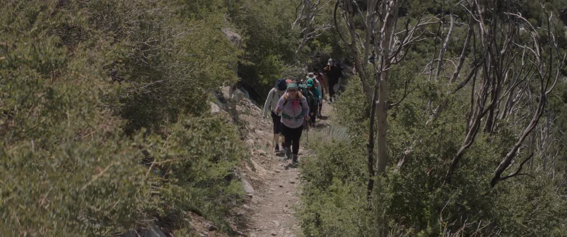 Group of people walking along a trail through the mountains