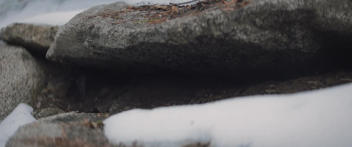 Closeup of a rock with an opening surrounded by snow