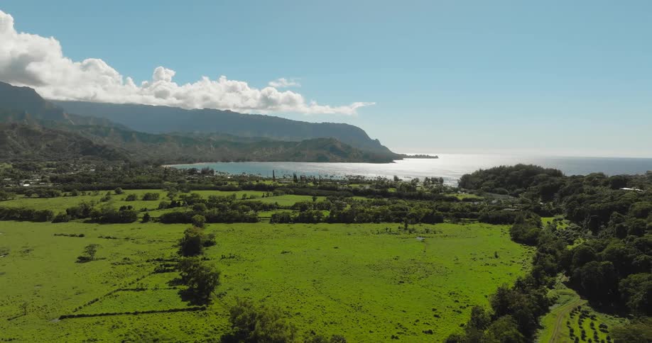 Aerial panorama of a pasture by the sea with a chain of mountains around
