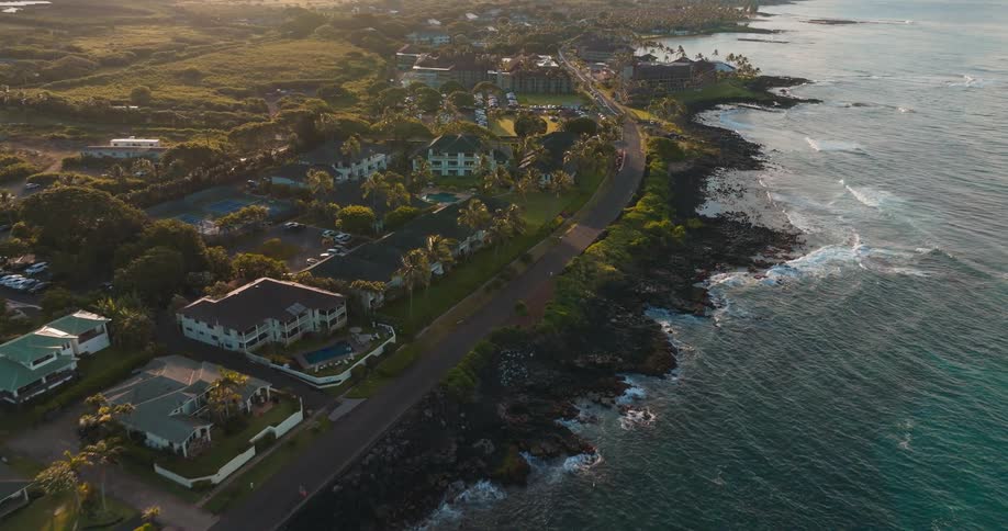 Aerial of a small coastal town during sunset