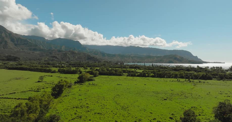 Aerial panorama of a pasture by the sea with a chain of mountains around