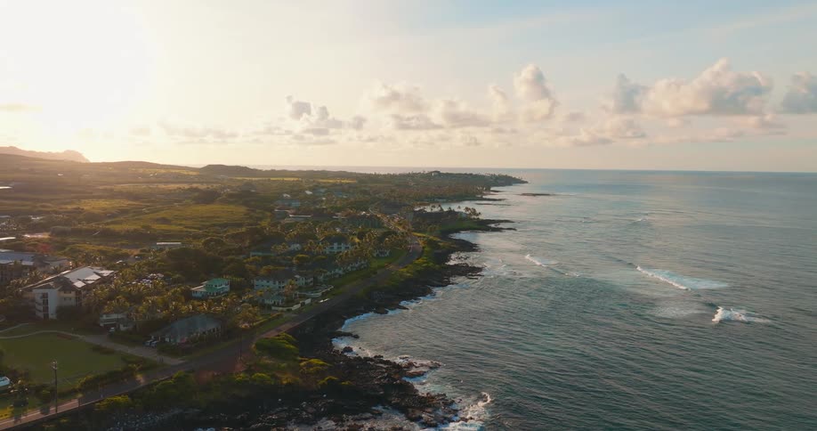 Large homes are on the shore of the island