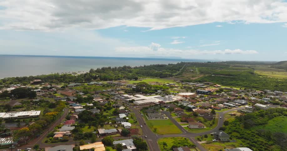 Aerial View of Tropical Coastal Town in Hawaii