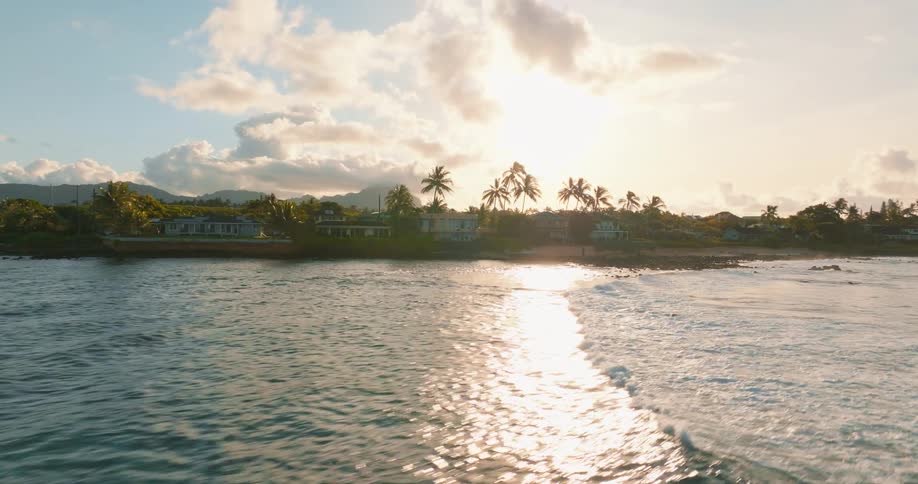 The island is lined with homes and palm trees on the shore