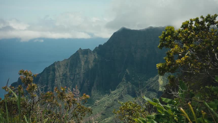 A huge mountain of rocks and in front there is a lot of vegetation