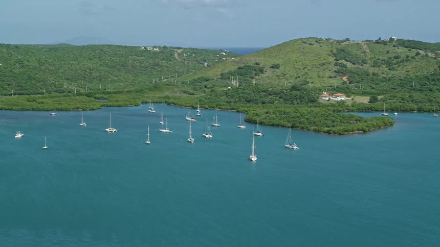 Aerial panorama of boats and yachts in a bay with mountains and vegetation around