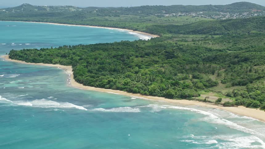 Aerial view of a lush tropical land next to the beach
