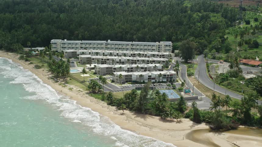 Aerial view of a resort in a tropical beach