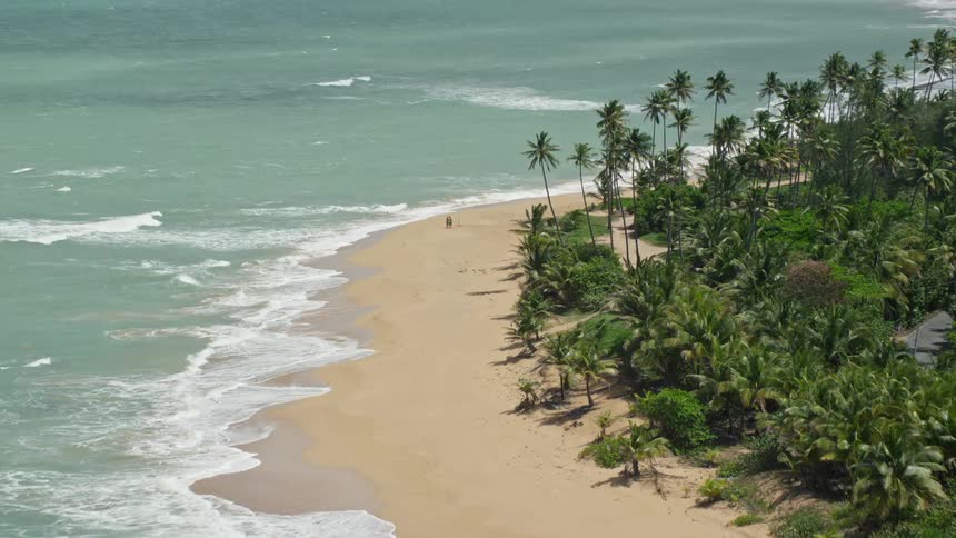 Aerial of people on a tropical island on a hot summer day