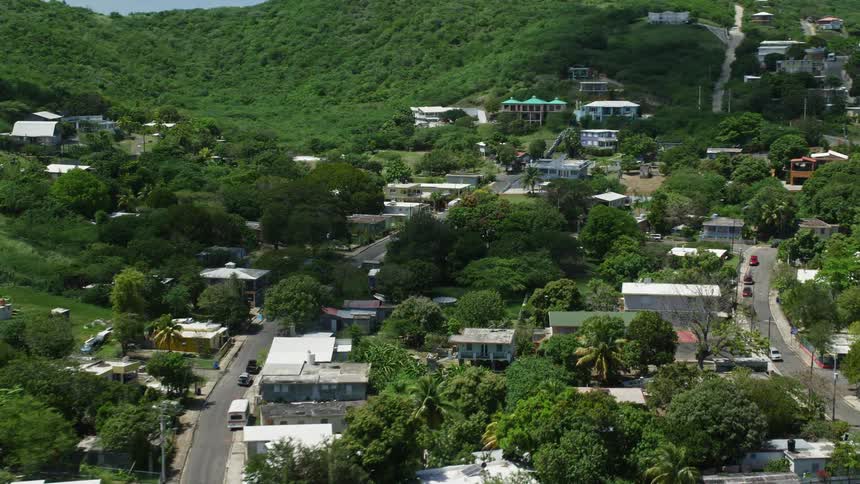 A city with many houses and trees at the base of hills and facing the sea