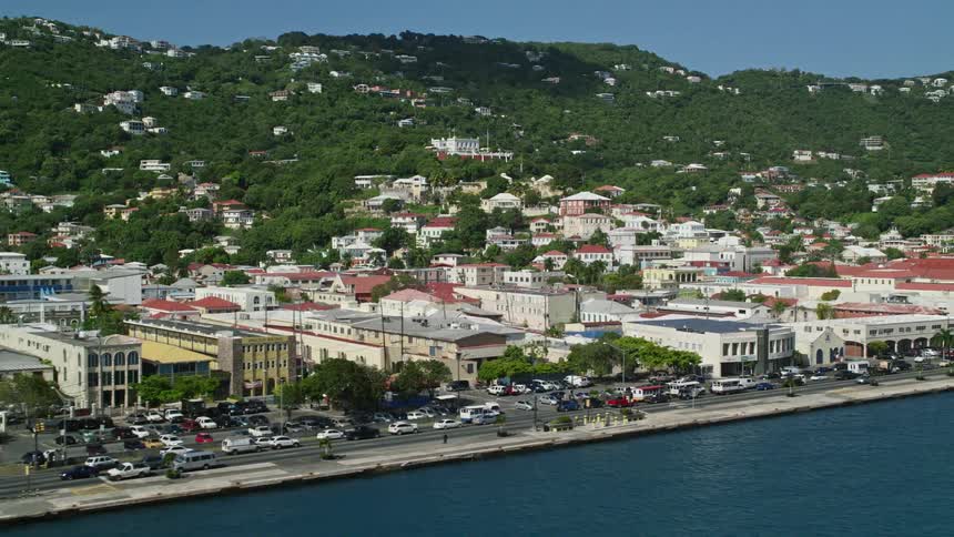 A city with many houses and cars and a hill with forests and houses that face the sea