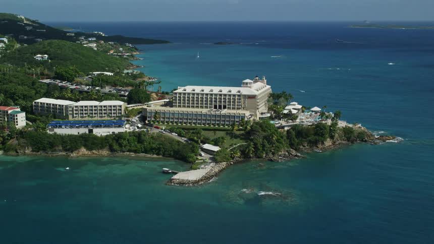Aerial panorama of beachfront resorts