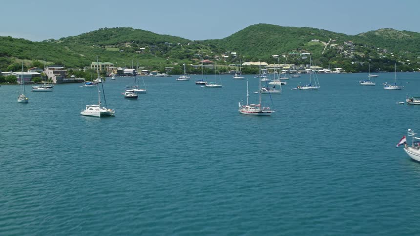 Aerial view of sailboats on the ocean close to the shore next to a small rural town surrounded by trees and hills during day time