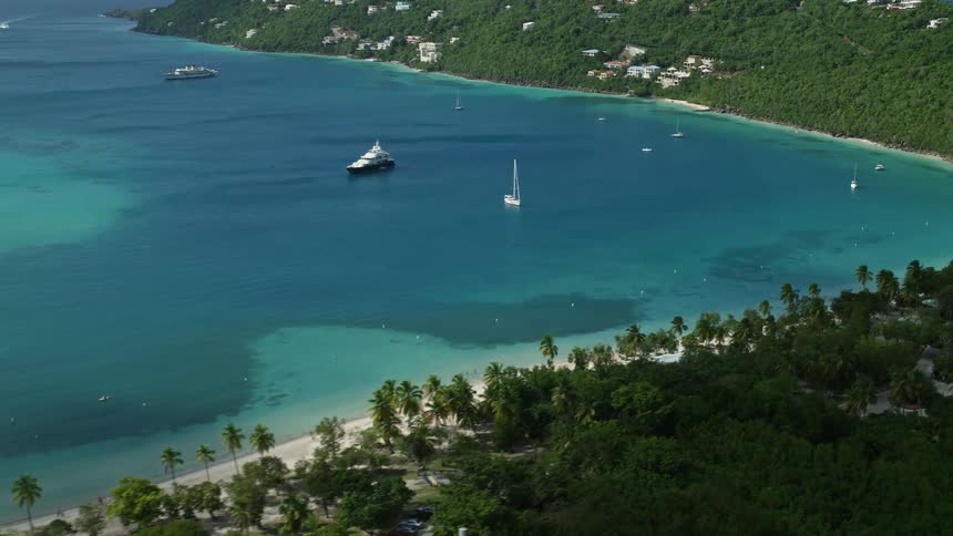 Aerial view of harbor ocean and rainforest