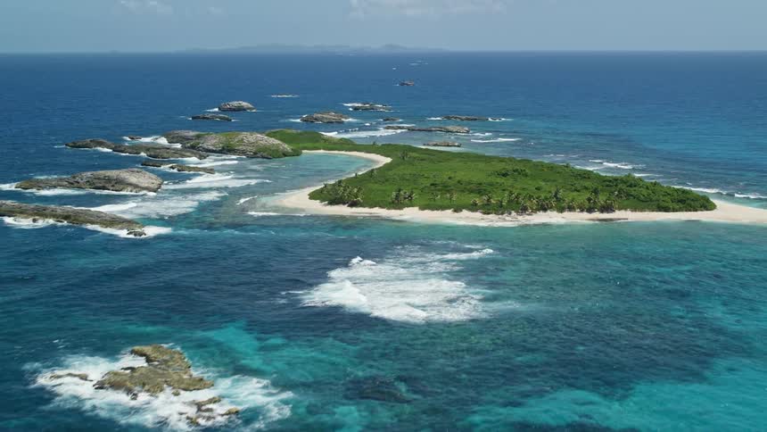 An archipelago with many small islands in a vast ocean