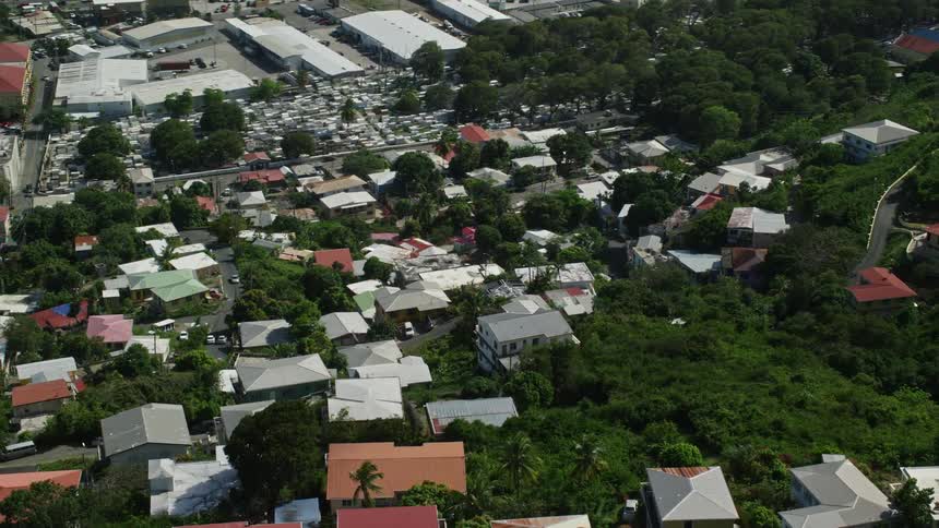 Aerial view of suburban homes buildings and trees