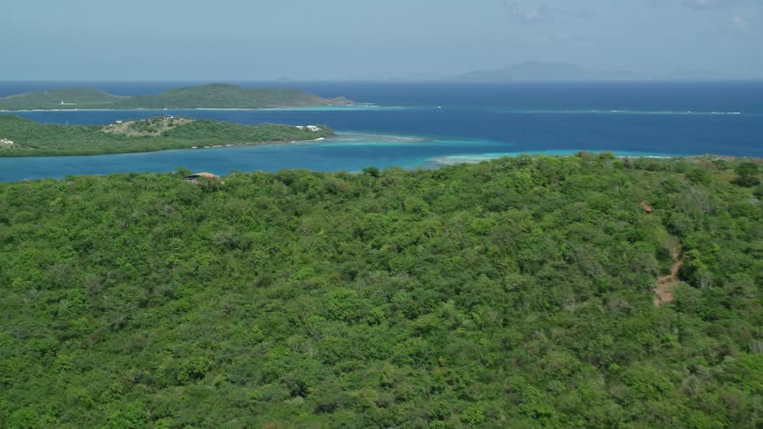 A region with several islands full of forests of trees with green leaves in the middle of the ocean with crystal blue water