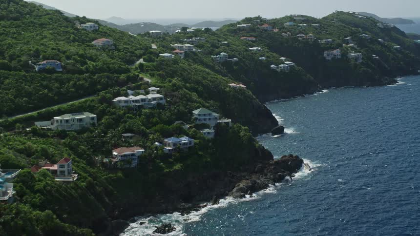 Aerial view of suburban area surrounded by vegetation on a cliff next to the ocean during day time