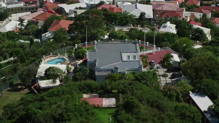 Aerial panorama of an urban residential city nestled among hills