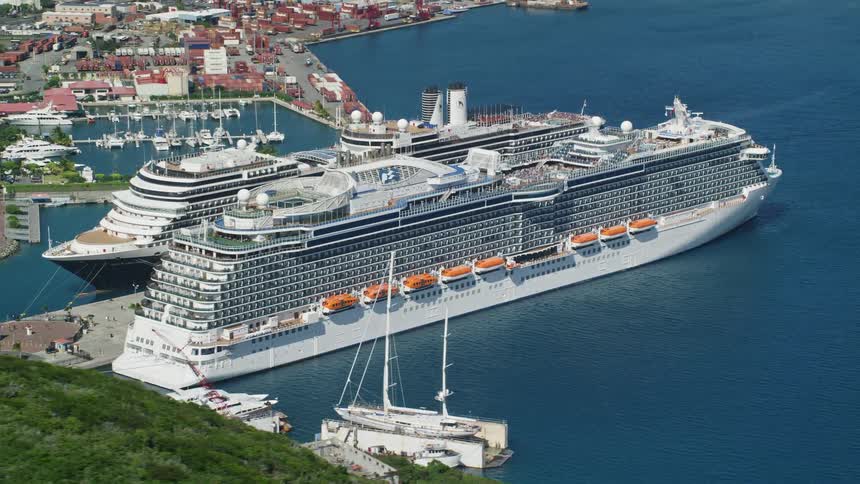 Two cruise ships docked at a bay marina