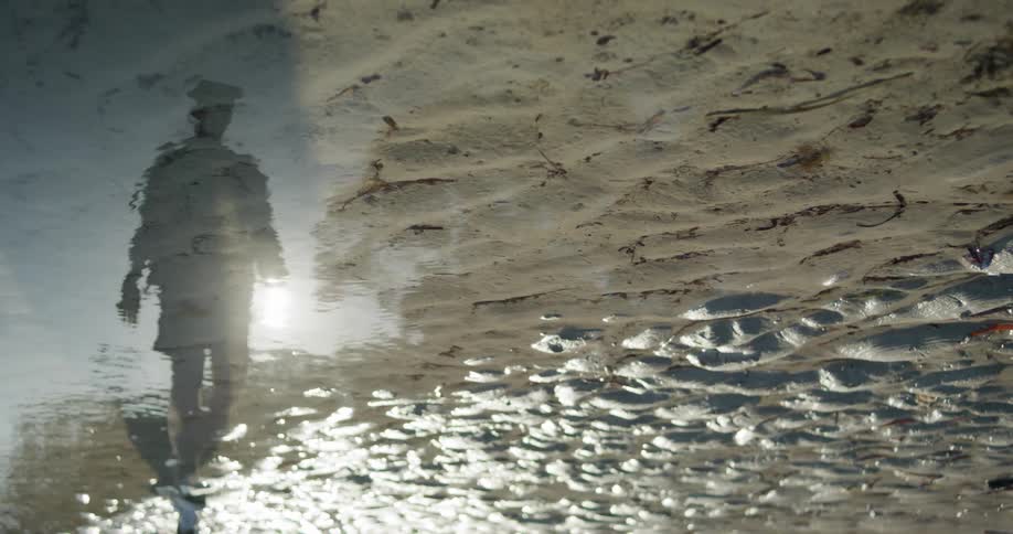 Shadow reflecting in a puddle of water on the sandy beach as a man walks