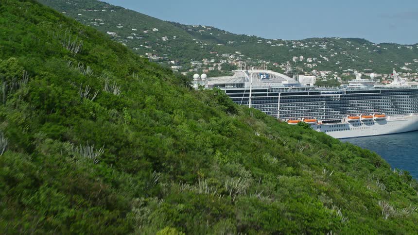 An island of rocks with vegetation on top in front of the sea and behind this island there is a huge white cruise ship