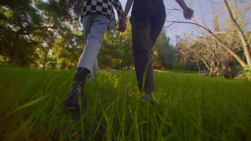Two people holding hands walking through a field of grass