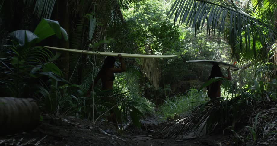Two female surfers walk through the jungle with their surfboards balanced on their heads