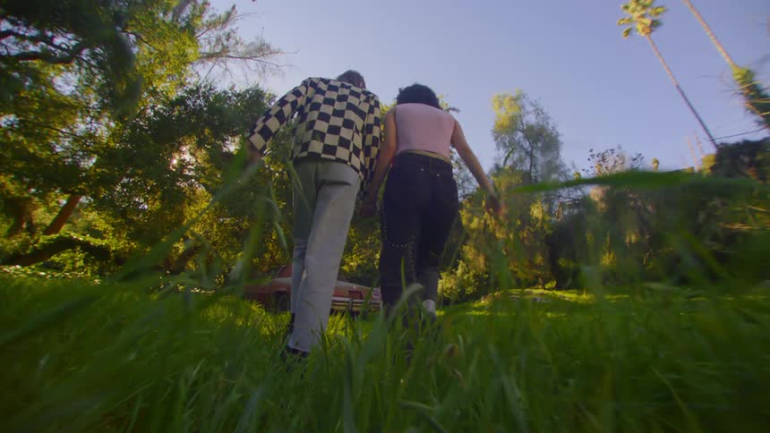 A man and woman walking together in a field holding hands