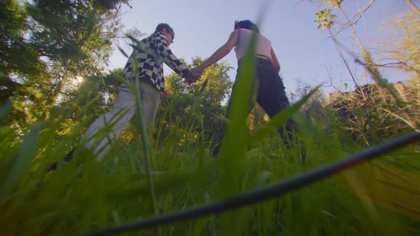 Back view of a couple walking hand in hand through the grass