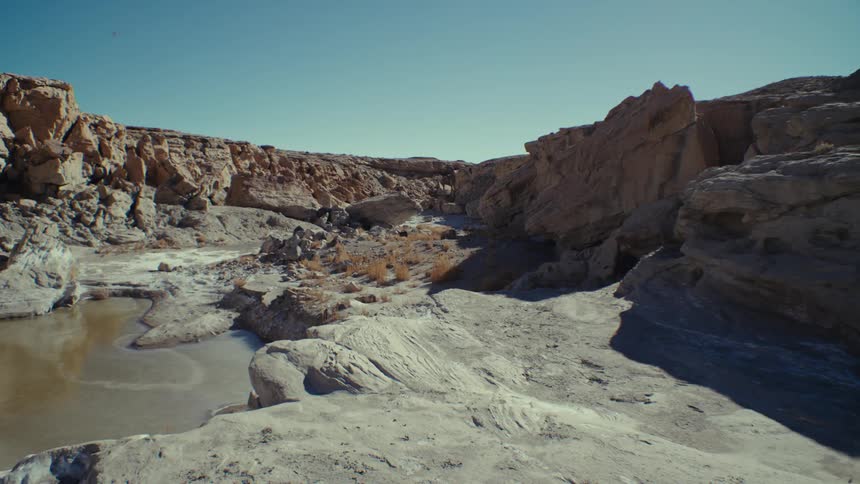 View of a lake amidst canyons and rocky valleys on a day with a cloudless blue sky