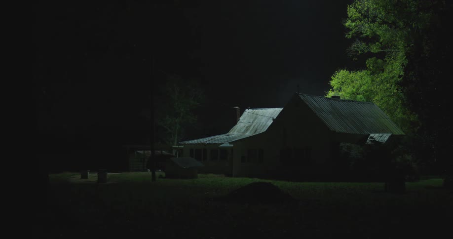 A house in a rural area with lights on and off in a rural area search helicopter light