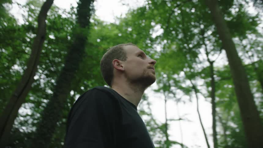 A man standing in a forest looks at his surroundings