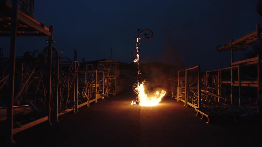 Metal pole on fire at night