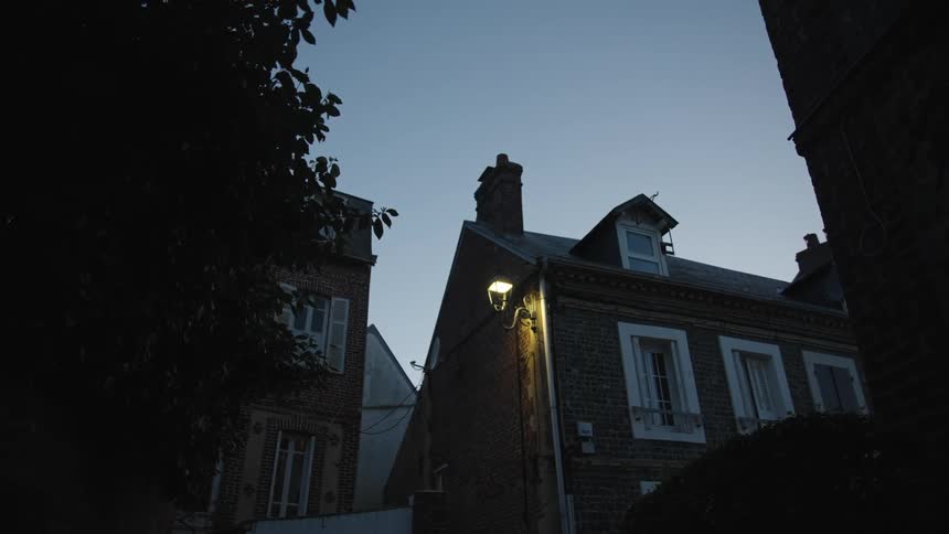 Upward view overlooking a residential neighborhood and a blue dawn sky