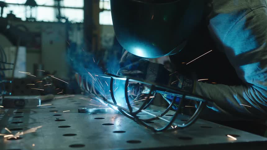 Closeup of a man with protective gear welding metal