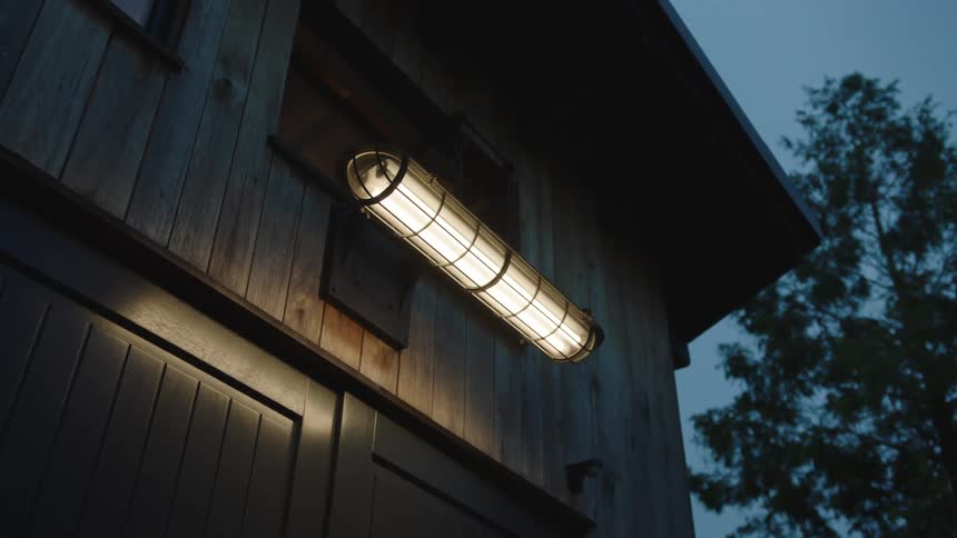 Closeup of a lamp outside a barn in the early evening