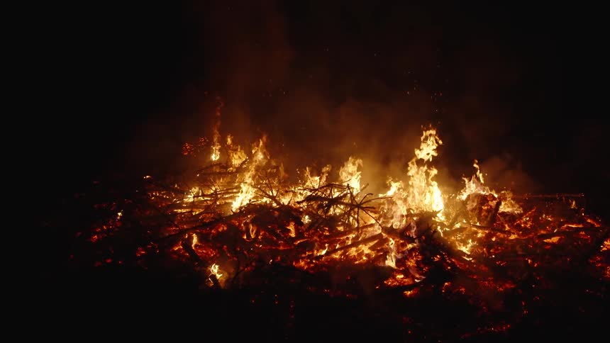 Fire burning vegetation at night in slow motion