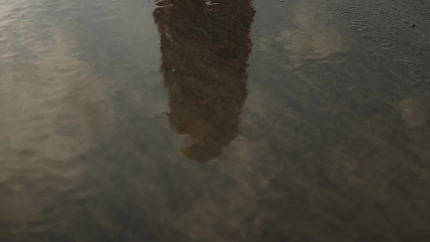 A persons reflection in water on the beach